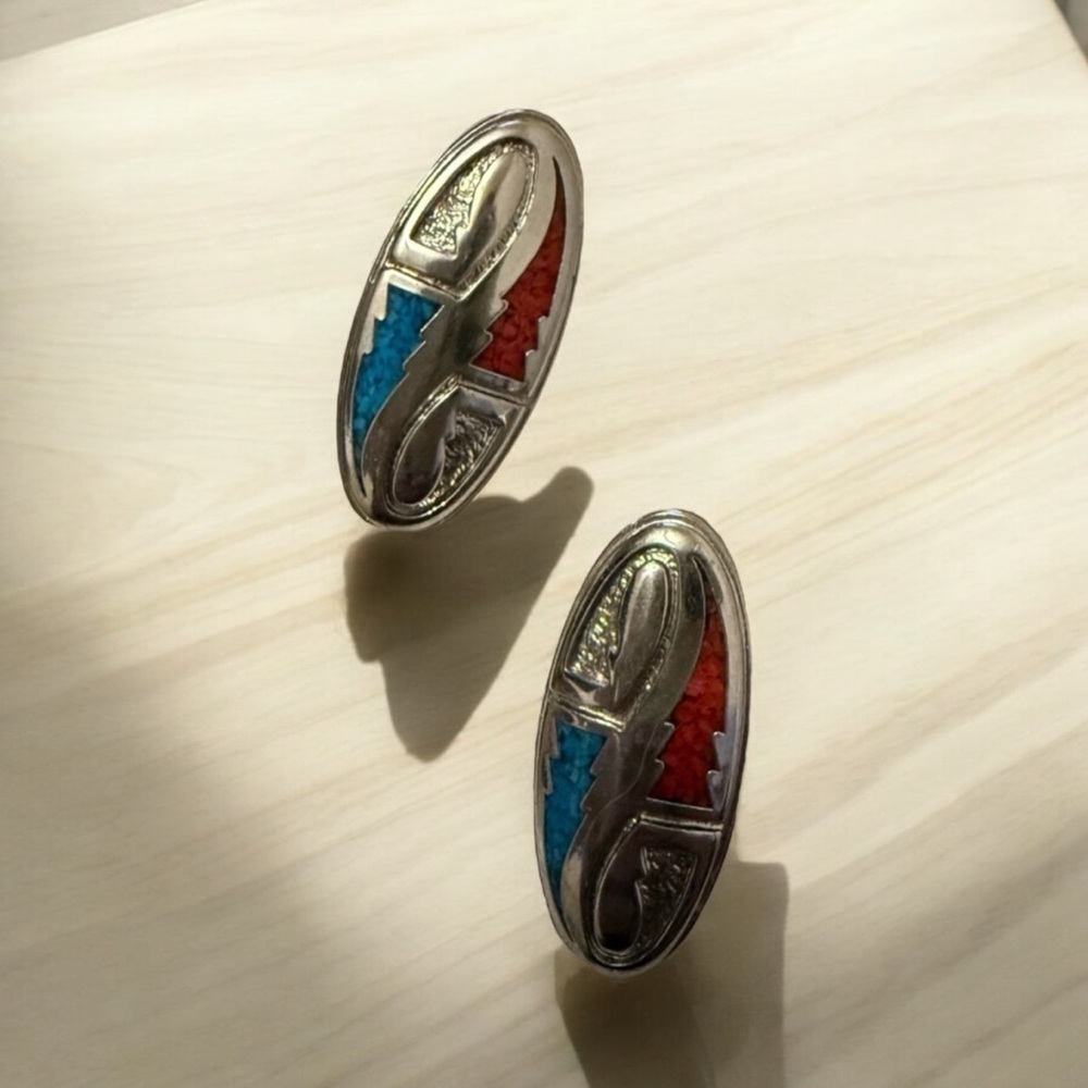 Vintage Sterling Silver Oval Multi Stone Inlay Barrings By Navajo G Nelson